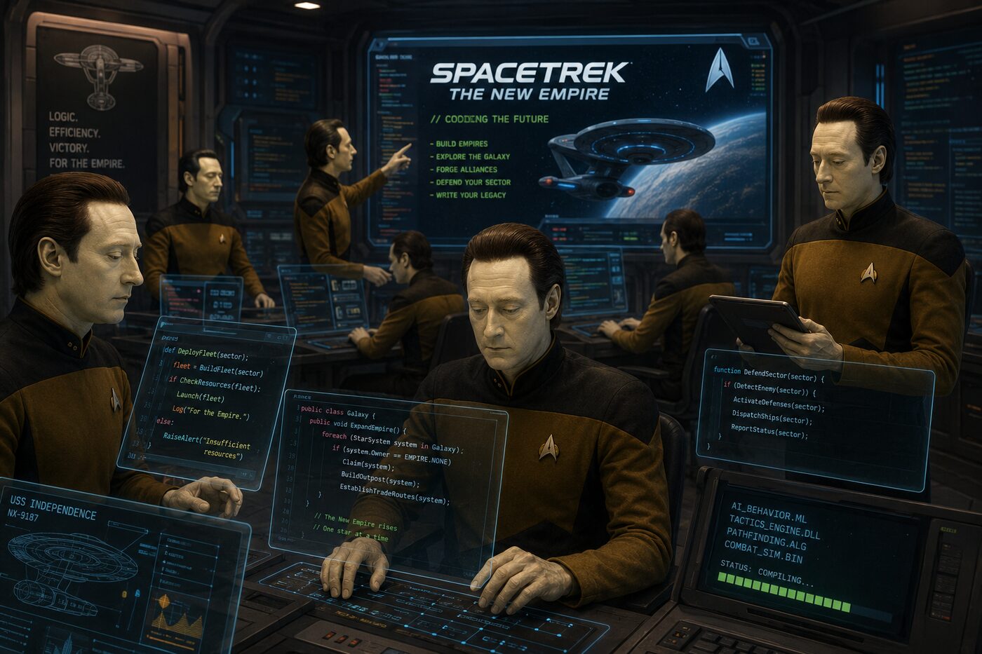 A starship bridge crowded with identical androids in Starfleet uniforms, each
              working at a floating holographic panel full of code. The main viewscreen reads
              &ldquo;SpaceTrek &mdash; The New Empire&rdquo;; a console in the corner lists
              modules compiling.