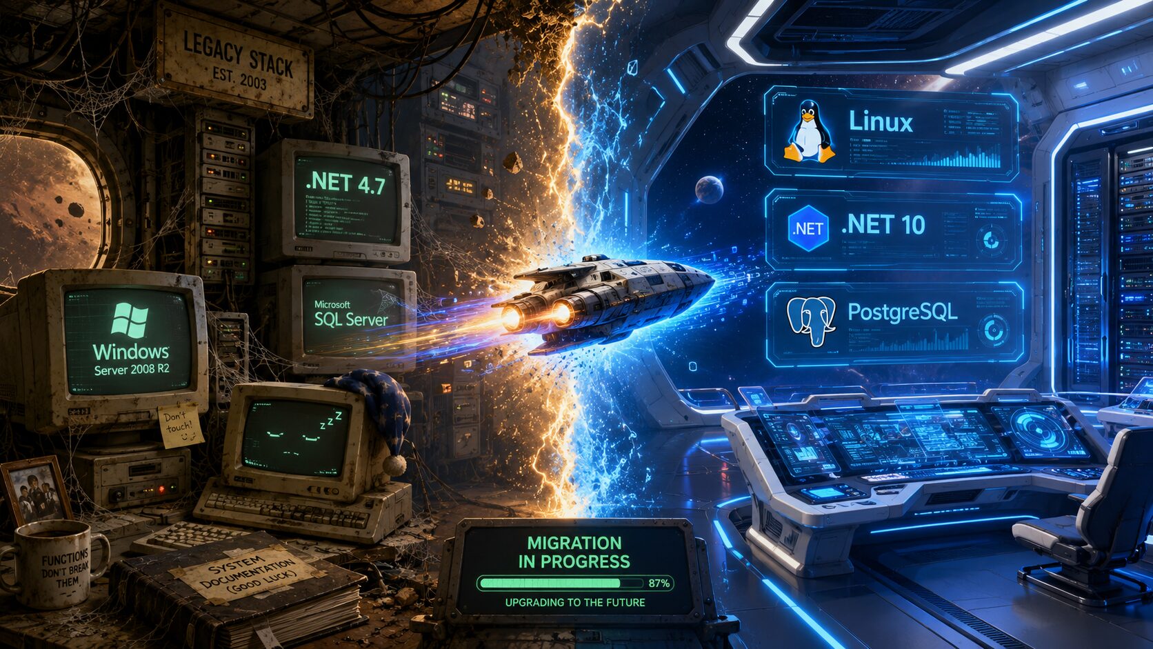 Illustration of the migration: on the left the old stack &mdash; Windows Server
              2008 R2, .NET 4.7 and Microsoft SQL Server in a dusty, cobwebbed server room;
              on the right the new stack &mdash; Linux, .NET 10 and PostgreSQL on a brightly
              lit starship bridge. A starship flies through the transition between them,
              above a progress bar reading &ldquo;Migration in Progress&rdquo;.